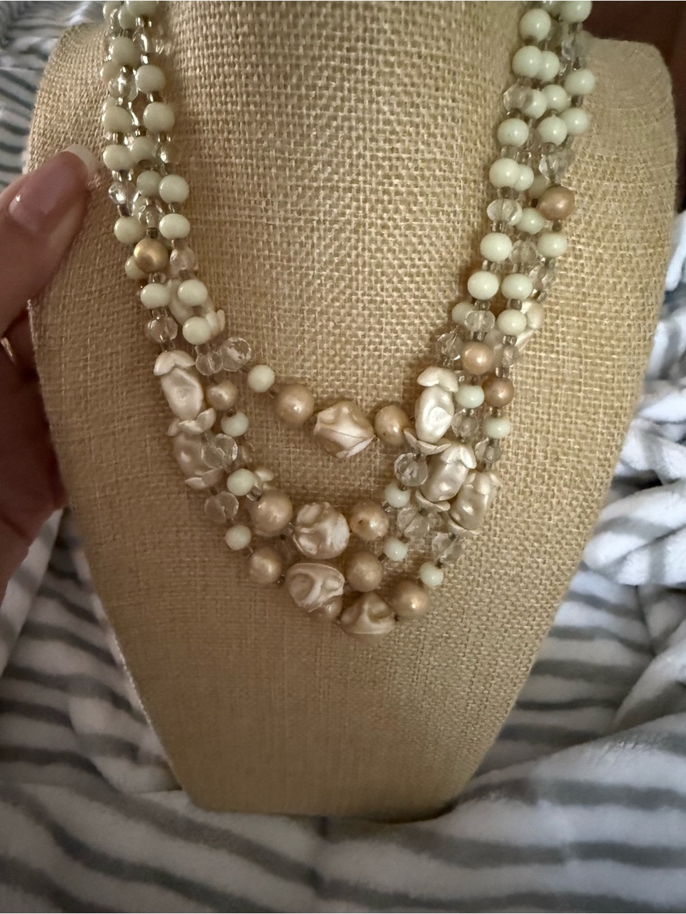 Elegant Multi-Strand Pearl and Bead Necklace in Cream and Gold